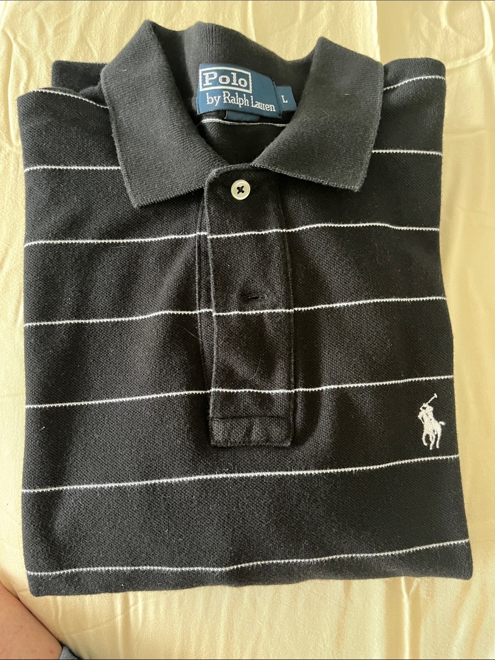 Polo by Ralph Lauren Men’s Black Polo with White Pinstripes. Size L